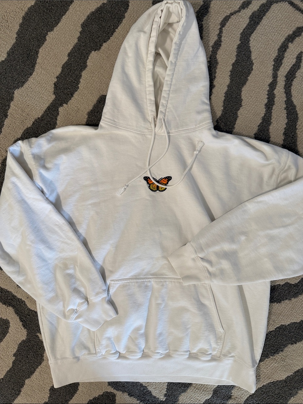 Brandy Melville White Hoodie with Orange Butterfly Embroidery